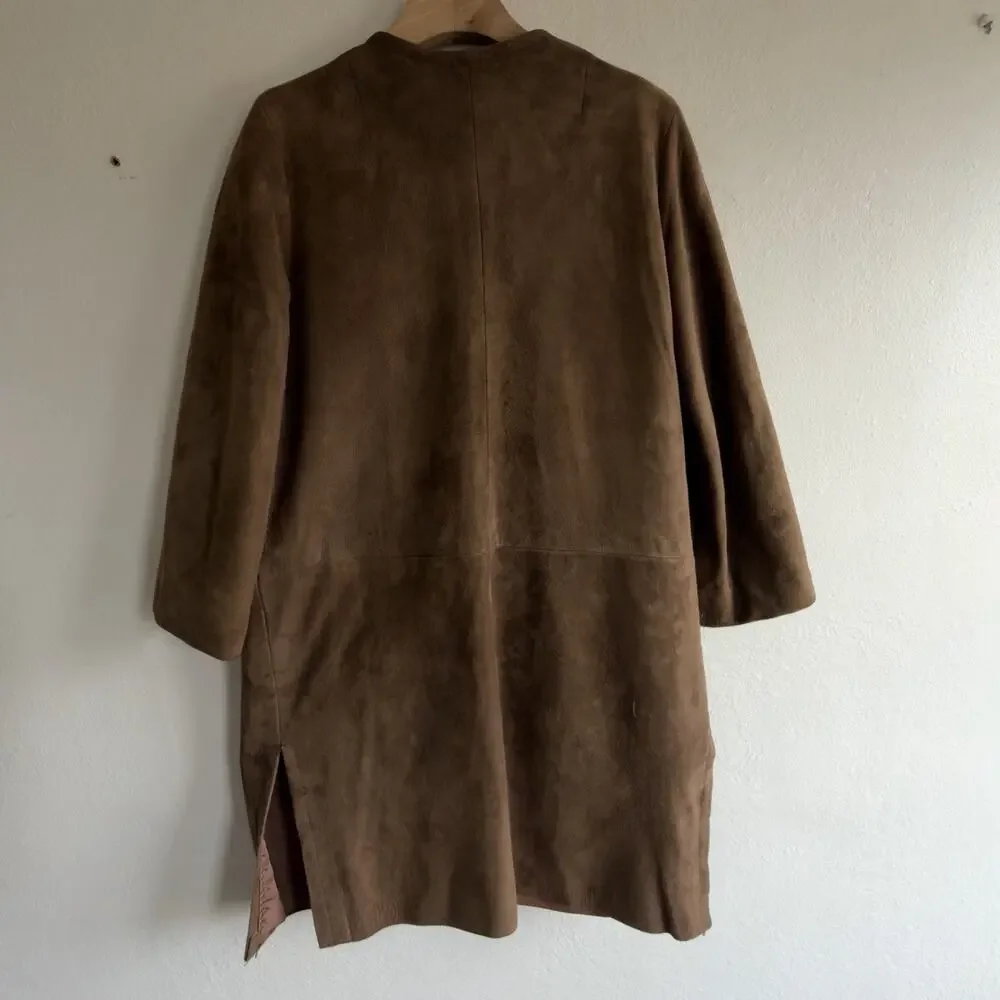 Vintage 1960s Camel Suede Collarless Swing Coat Covered Buttons Mid Century Sz 8 - Picture 7 of 12